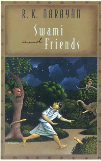 a book cover with a boy running in the woods - Swami & Friends